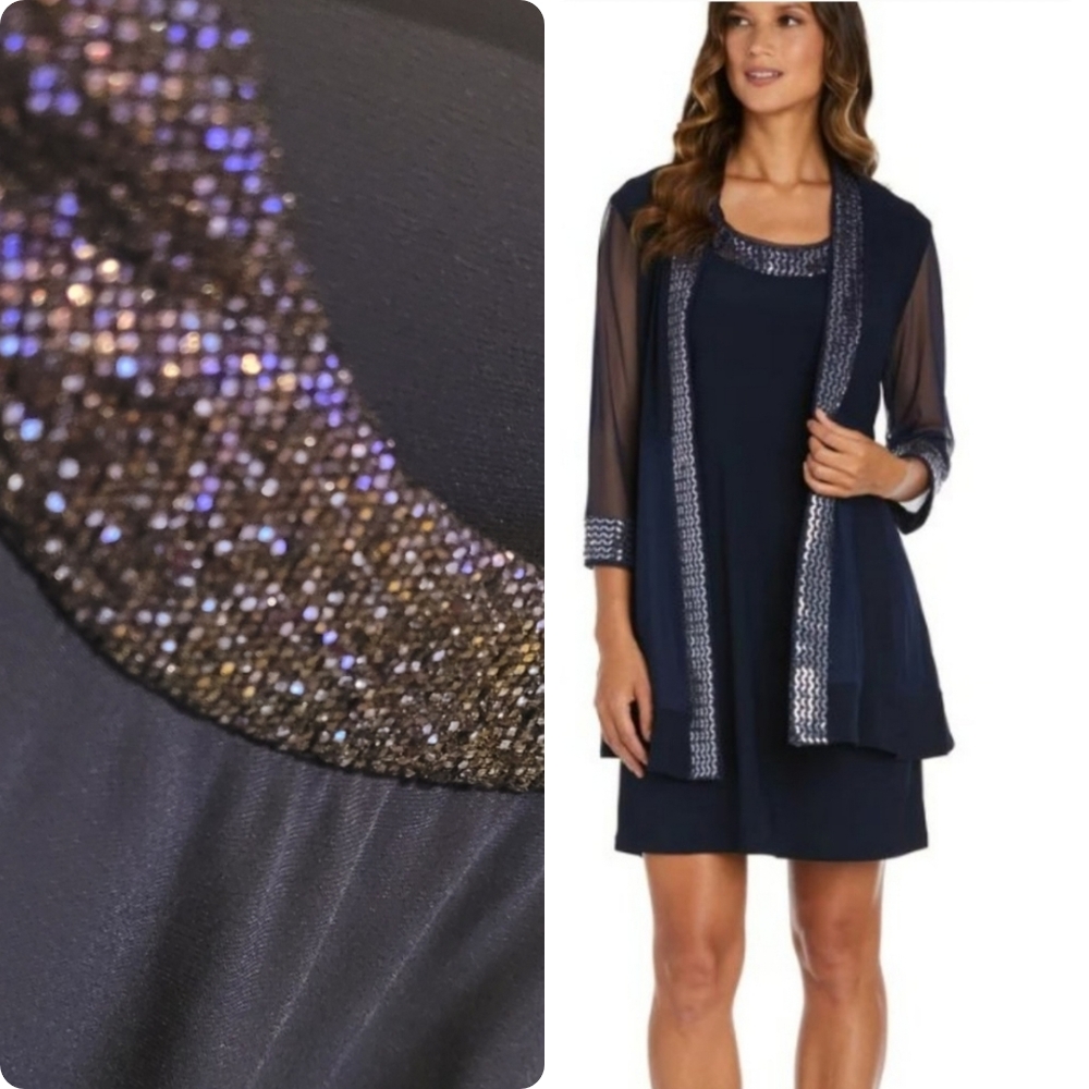 R&M Richards Navy Dress Size 12P  Embellished Neckline Petite New NWT NW…